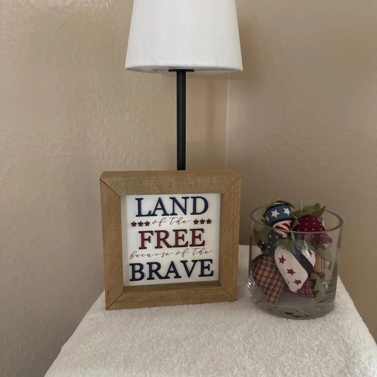 Customer photo review of Land of the Free Framed 4th of July Wooden Sign