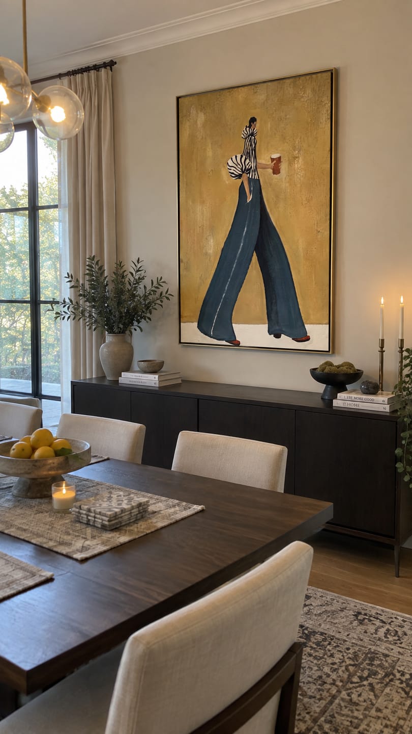 Customer photo review of Coffee Crosses Golden Hour – Fashion Woman Holding Cup Painting | Retro Modern Vertical Wall Art