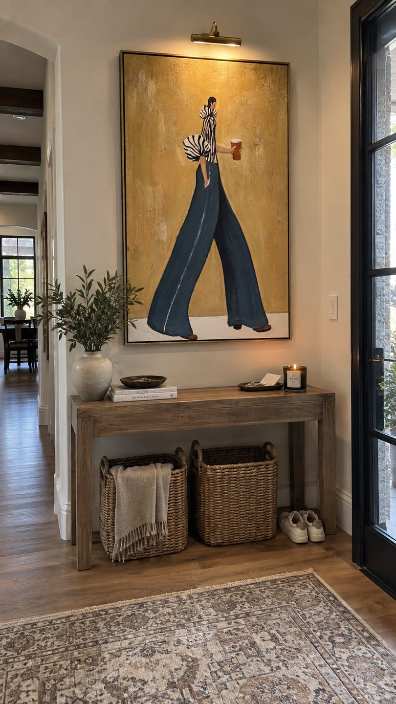 Customer photo review of Coffee Crosses Golden Hour – Fashion Woman Holding Cup Painting | Retro Modern Vertical Wall Art