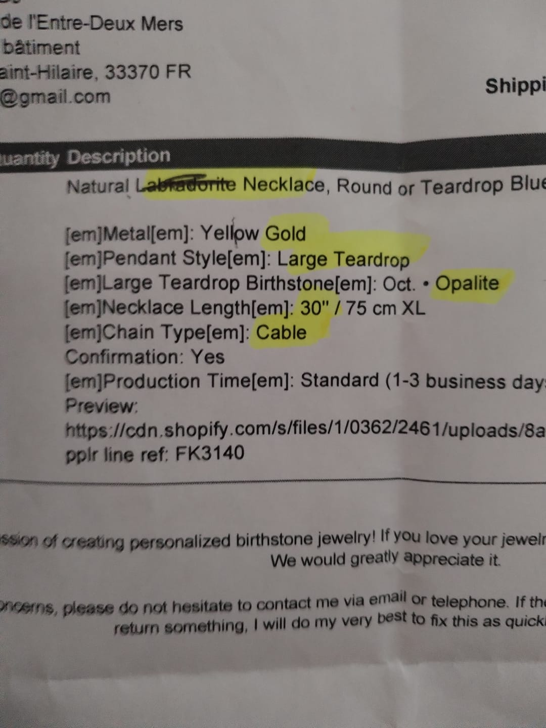Customer photo review of Natural Labradorite Necklace, Round or Teardrop Blue Flash Pendant