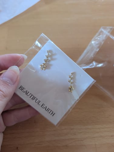 Customer's Golden Crystal Vine Earrings packaged on a branded display card held in a hand.