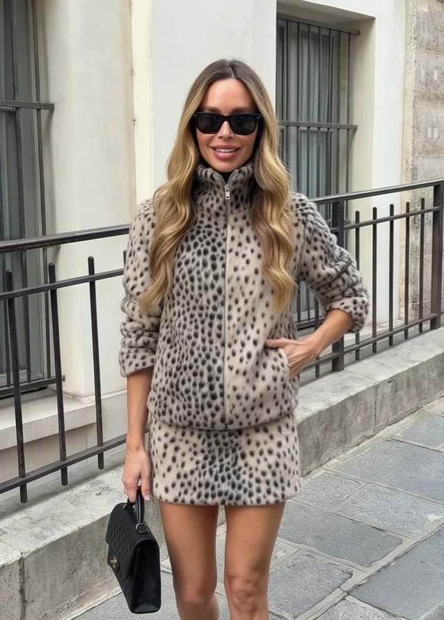 Customer photo review of Denise Leopard Faux Fur Jacket & Mini Skirt Set