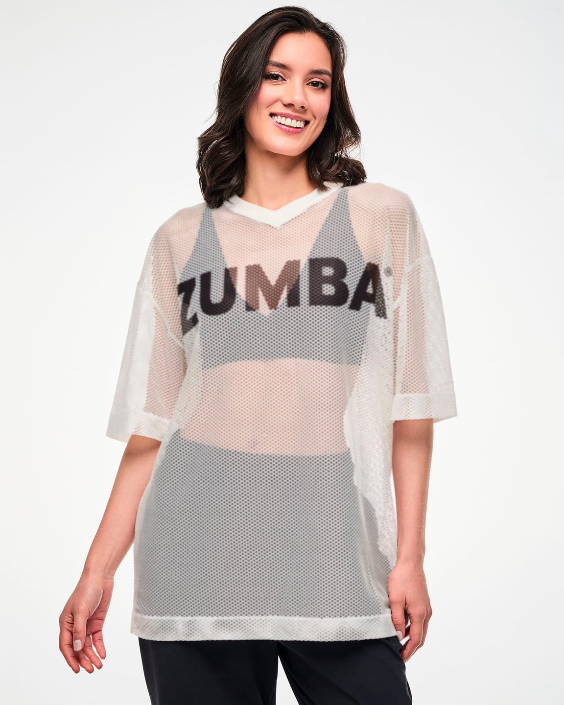 Customer photo review of Zumba Basic Oversized Mesh V-Neck Top - Black