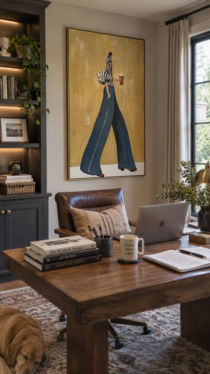 Customer photo review of Coffee Crosses Golden Hour – Fashion Woman Holding Cup Painting | Retro Modern Vertical Wall Art