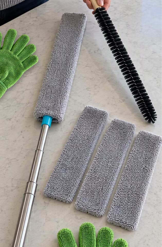 Customer photo review of Kit Ménage Anti-Poussière | Plumeau Télescopique, Brosse Radiateur et Gants Microfibre