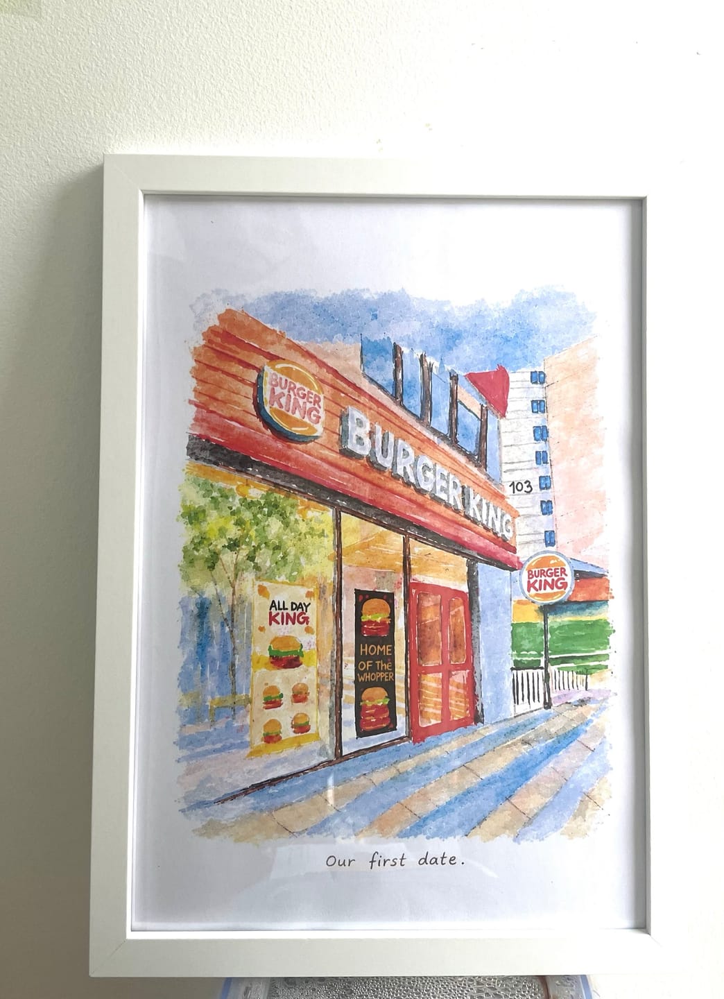 Customer photo review of Your First Date in Watercolor – Custom first date venue potrait