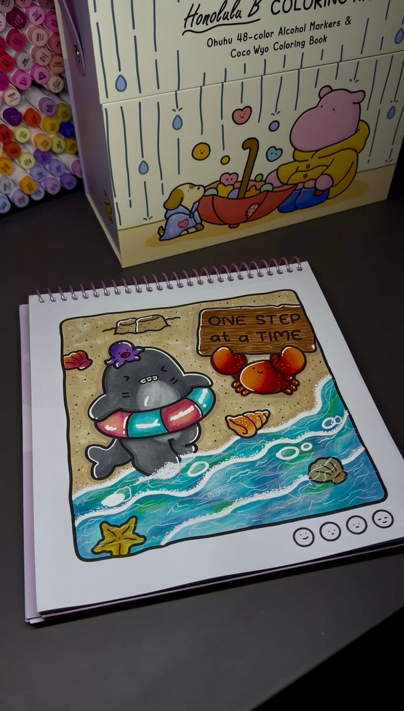 Customer photo review of Ohuhu x Coco Wyo Cozy Mood Coloring Kit, Honolulu B 48 Colors Alcohol Markers with Brush & Fine Dual Tips, Coloring Book with Mood Tracker Pages