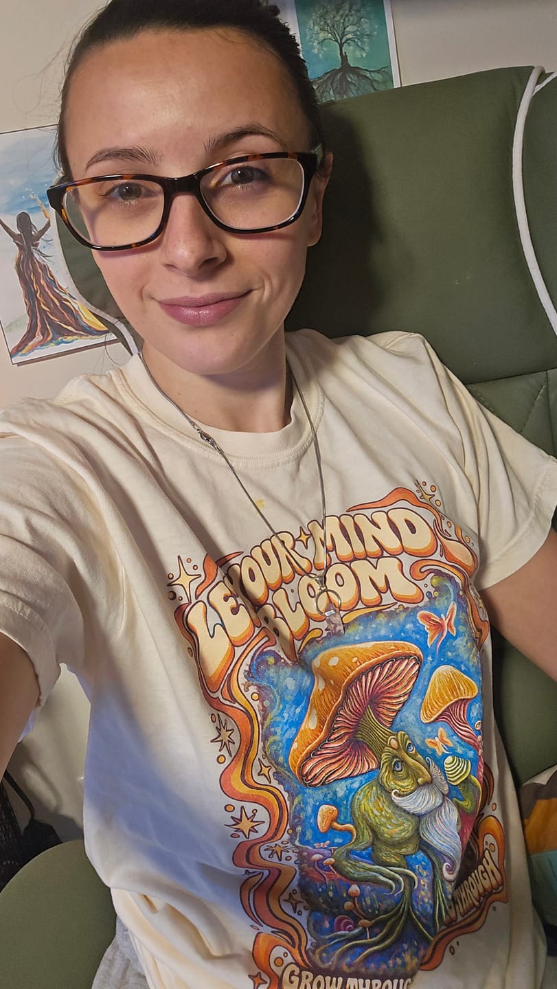 Customer photo review of Let Your Mind Bloom | Retro Mushroom Graphic Tee