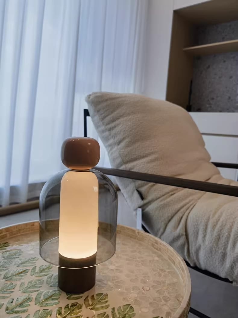 Customer photo review of Cordless Table Lamp, Rechargeable Glass, Smoke Grey Shade, Dimmable