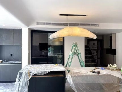 Customer photo review of Fabric Pendant Light, Long Beige Shade, Iron Frame, Two Bulbs