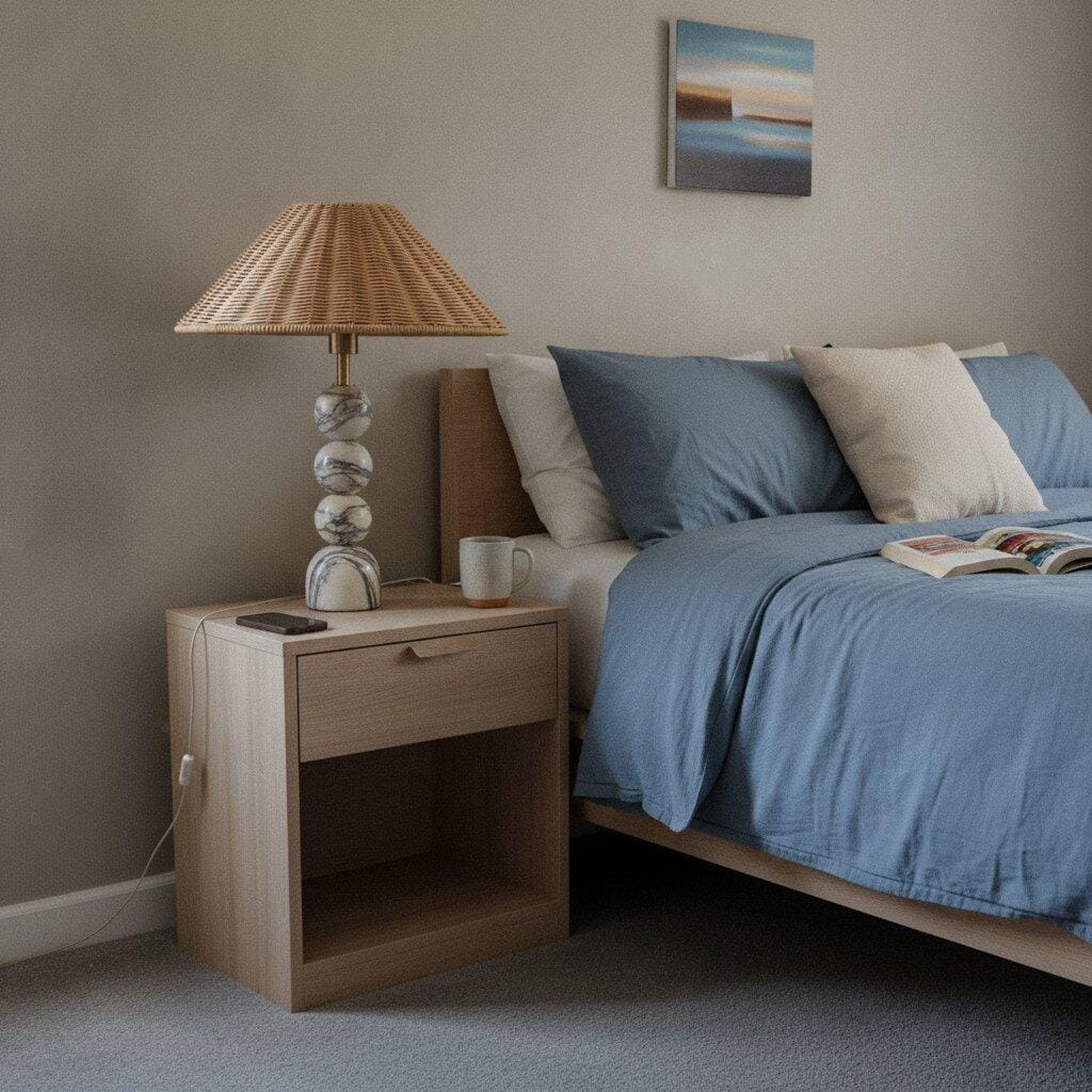 Customer photo review of Marble Table Lamp, Woven Rattan Shade, Stacked White Base