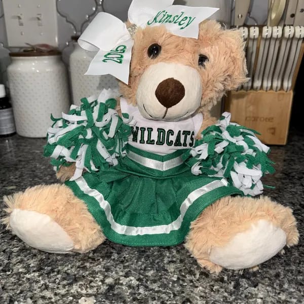 Customer photo review of Cute Cheer Bear Gift Custom Embroidered Uniform & Bow Sport Game Day Mascot
