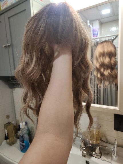 Customer photo review of Natural Wavy Clip-In Hair Topper with Bangs | Full Crown Coverage for Thinning Hair