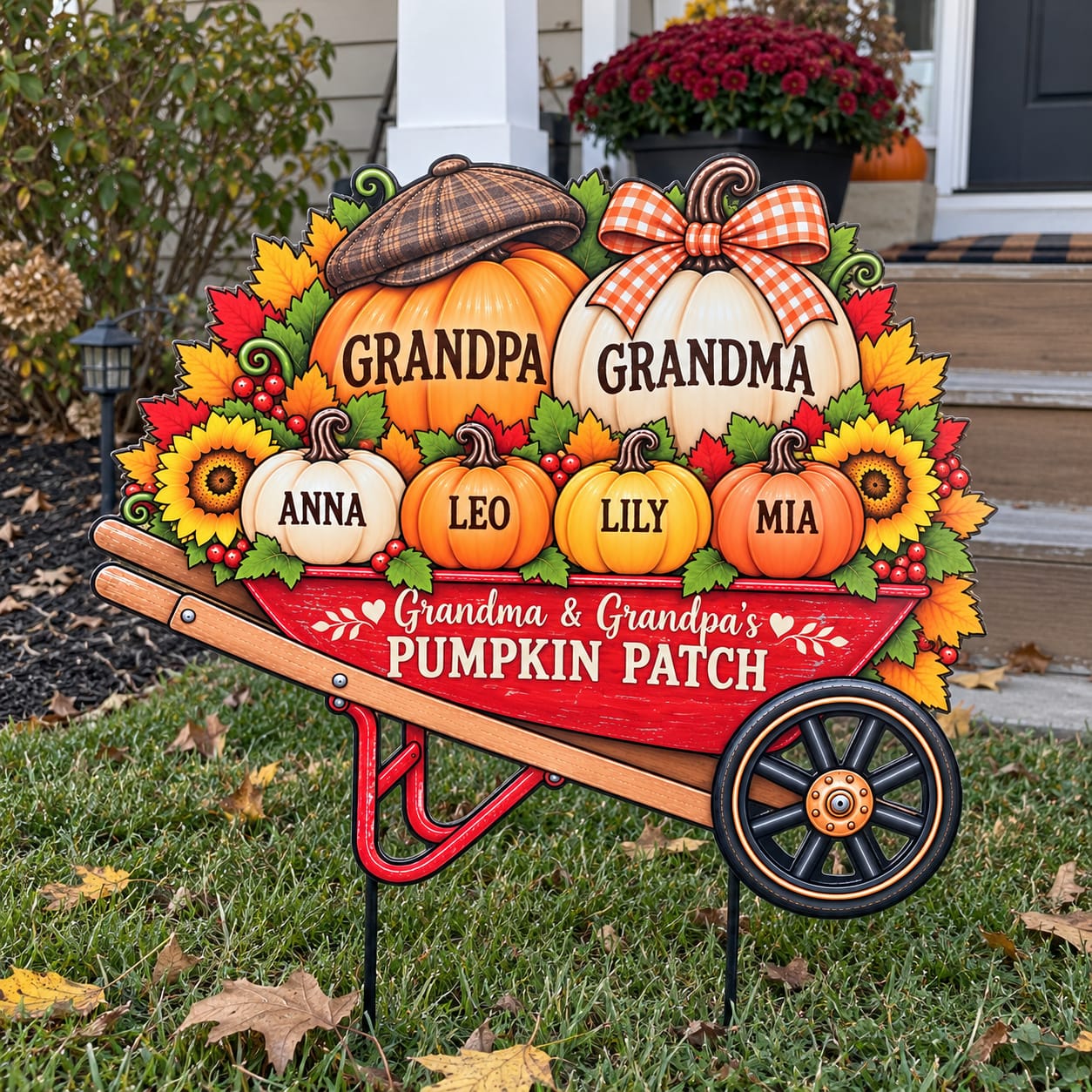 Customer photo review of Personalized Grandma Grandpa Pumpkin Patch Yard Sign - Wheelbarrow Grandkids Names