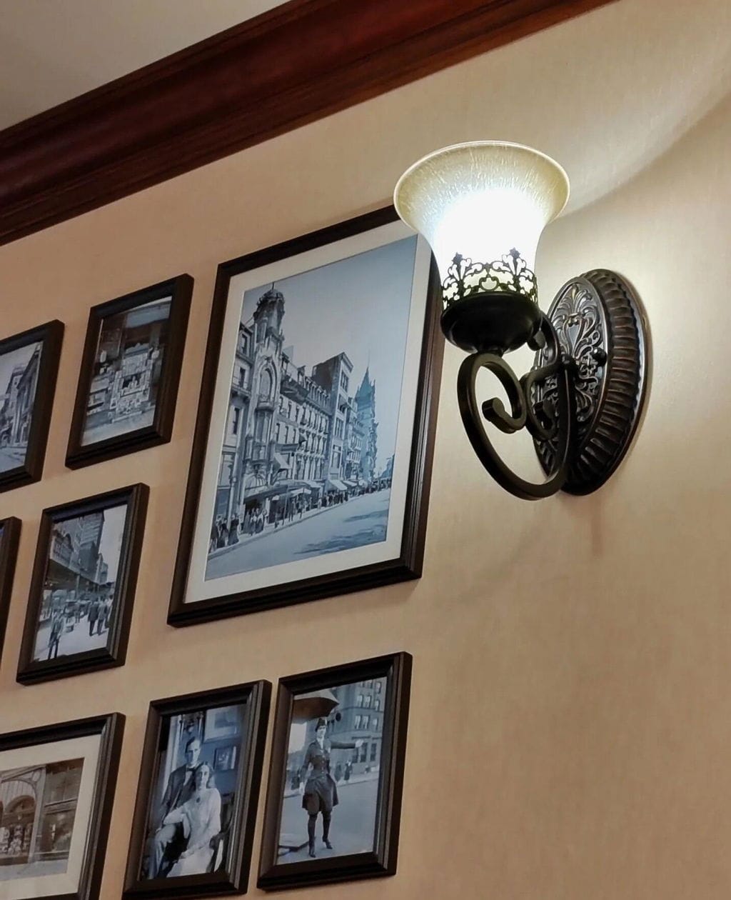 Customer photo review of Black Iron Wall Light, Two Arms, Glass Shades, Wall Sconce