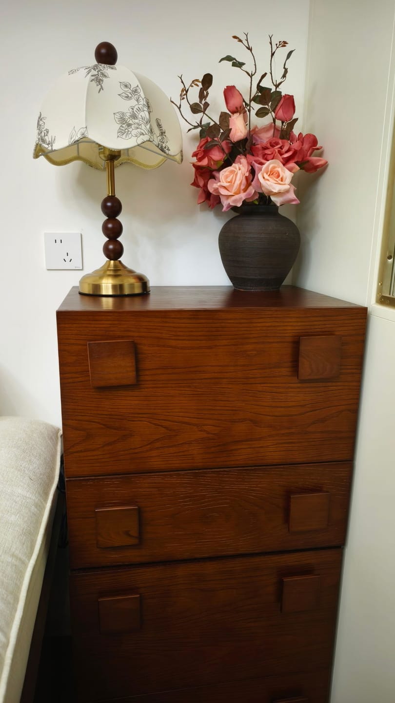 Customer photo review of Walnut Wood Table Lamp, Pleated White Shade, Tapered Base