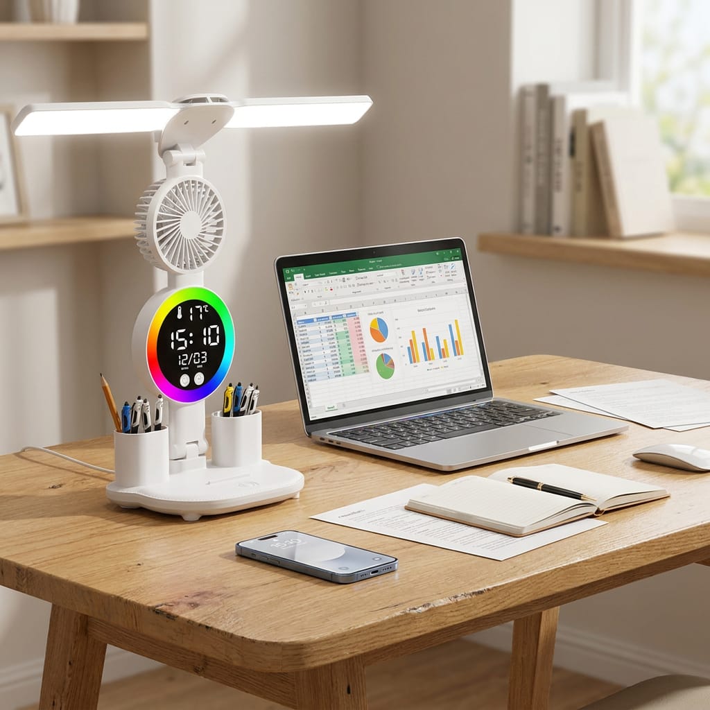Customer photo review of Brisaluz | Luz, Ventilador y Reloj en un solo producto para tu escritorio