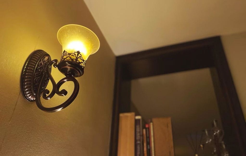 Customer photo review of Black Iron Wall Light, Two Arms, Glass Shades, Wall Sconce