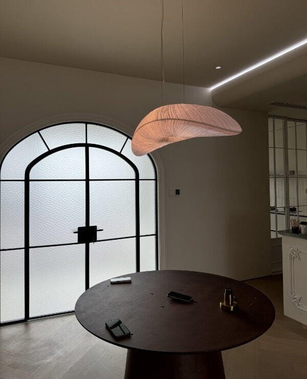Customer photo review of Fabric Pendant Light, Long Beige Shade, Iron Frame, Two Bulbs