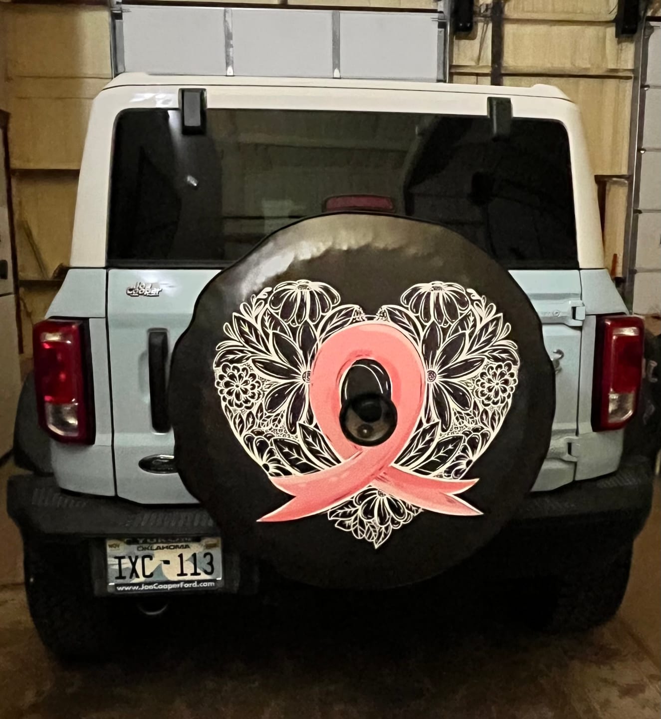 Customer photo review of Pink Ribbon Breast Cancer + Heart Spare Tire Cover for Jeep, RV, Bronco, Camper, Trailers