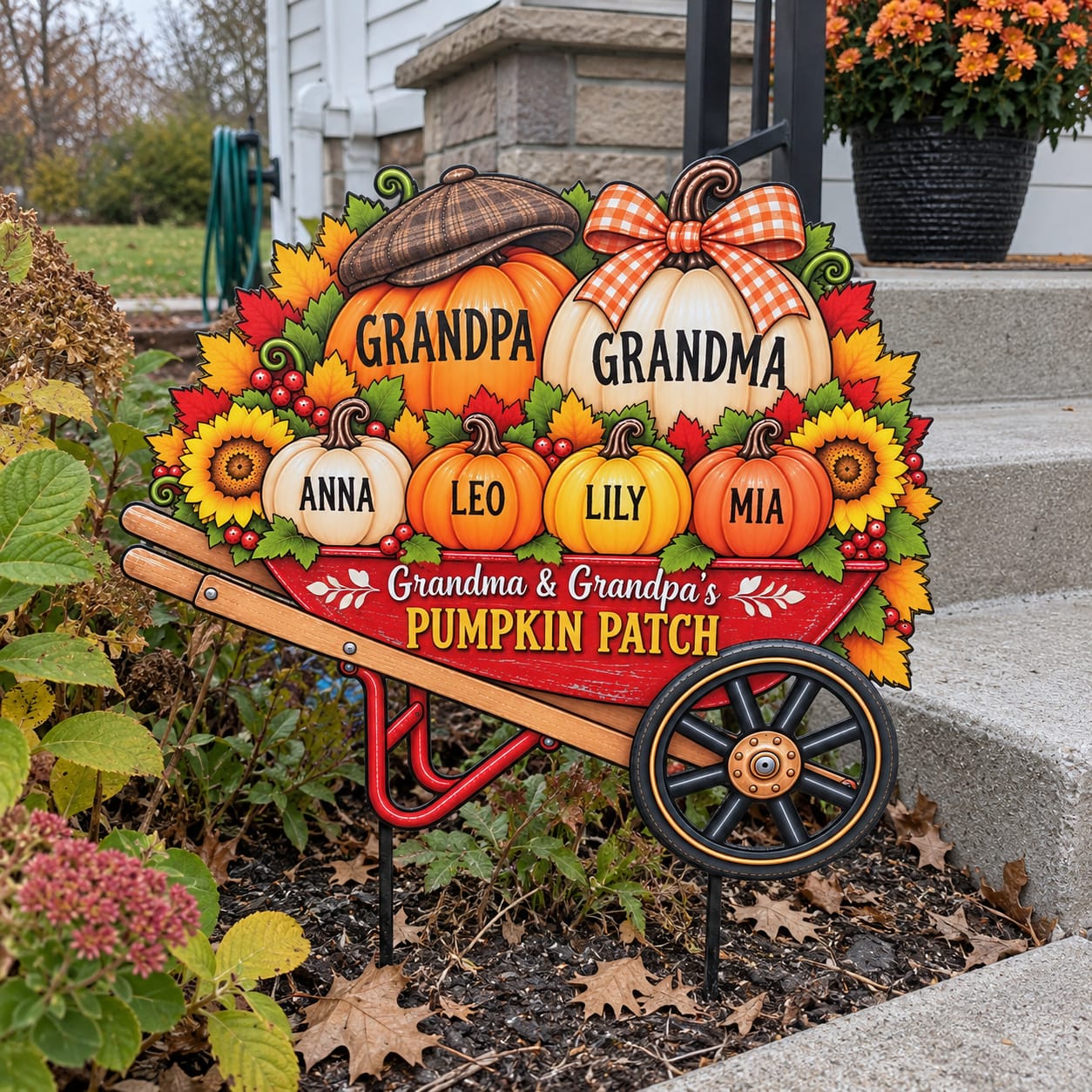 Customer photo review of Personalized Grandma Grandpa Pumpkin Patch Yard Sign - Wheelbarrow Grandkids Names