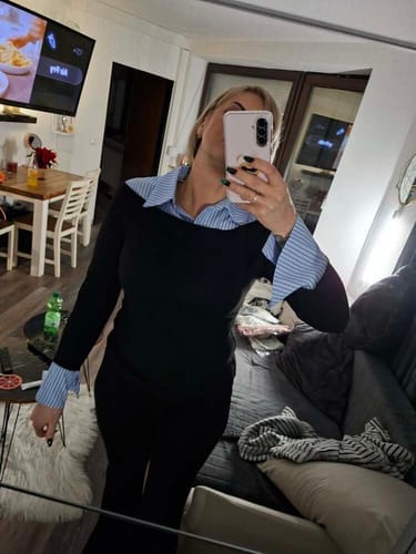Customer photo review of Ninonine "Geneva" | Layered Two-Tone Polo Knit Top