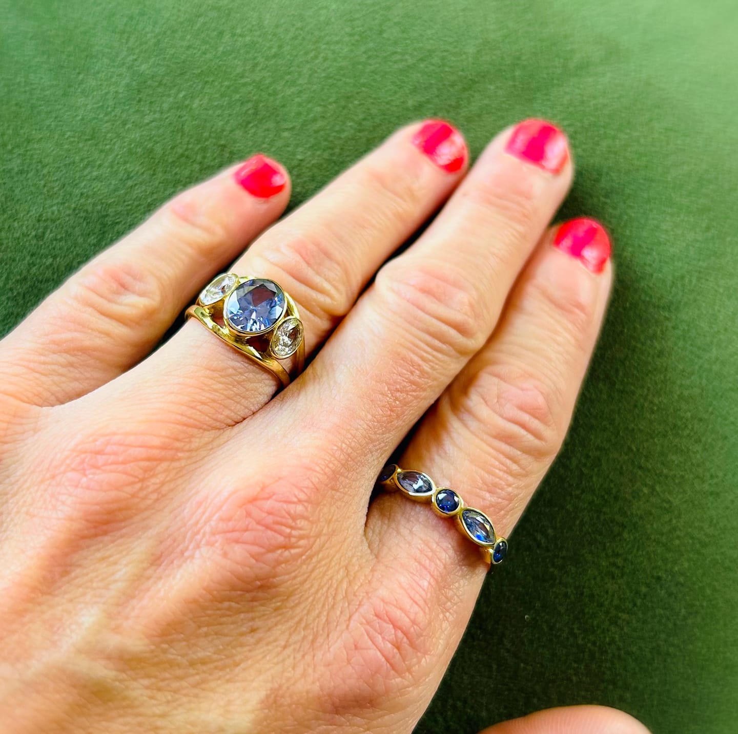 Customer photo review of Bezel Trilogy Ring Tanzanite