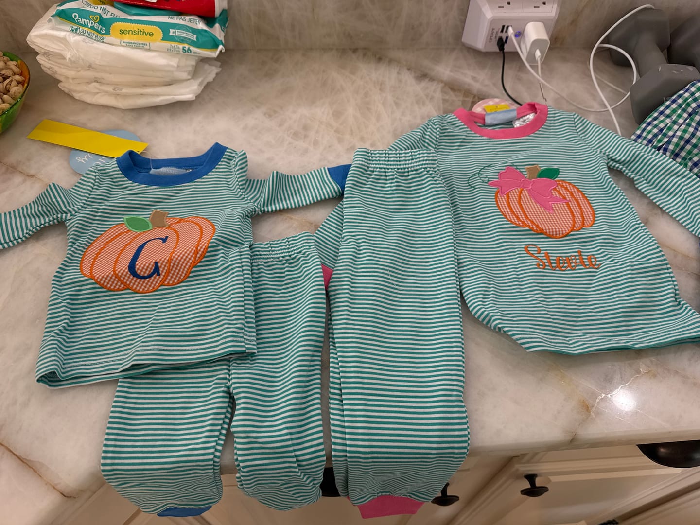 Customer photo review of Pumpkin Green Stripe Pajamas with Pink Trim