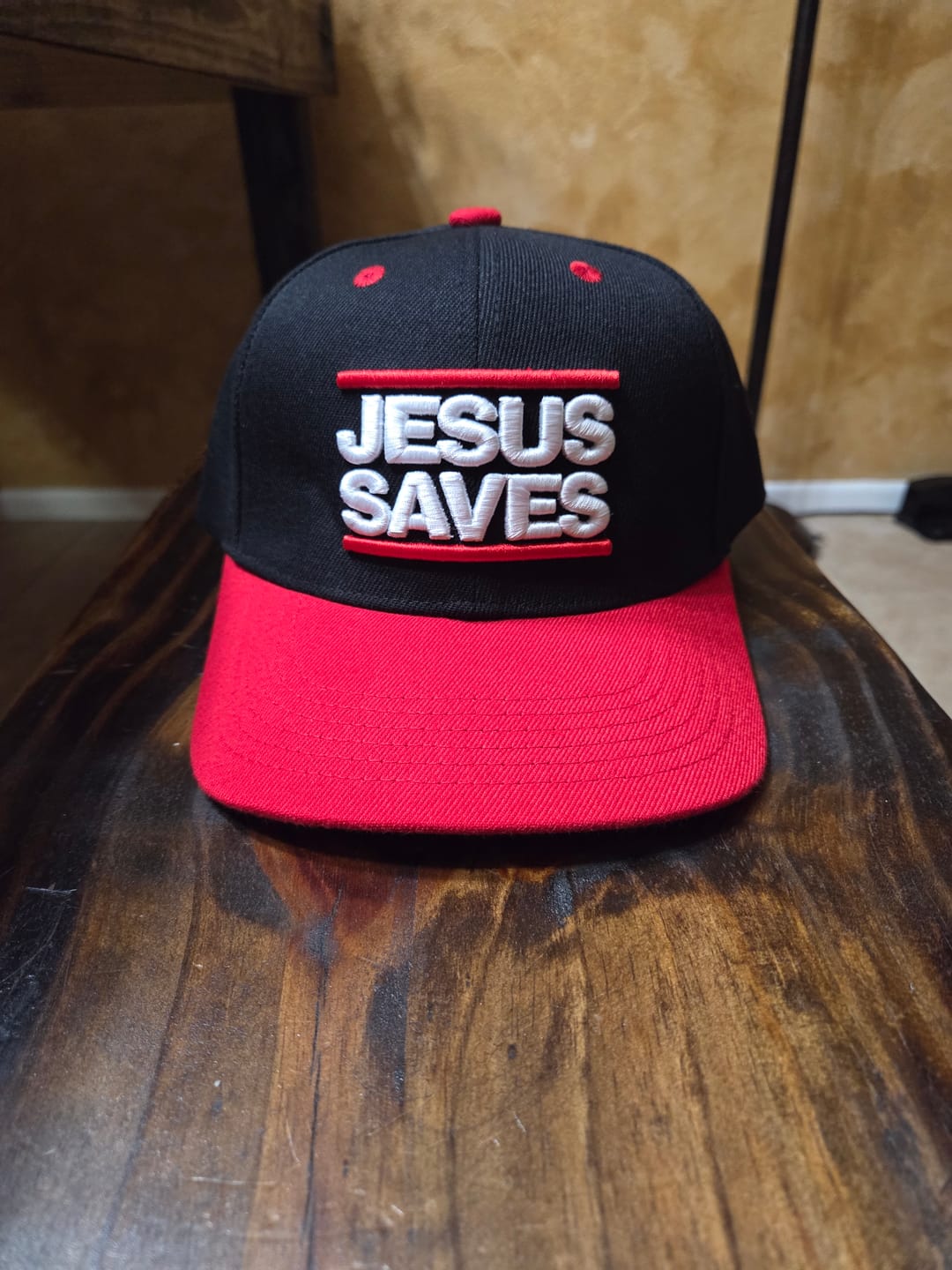 Customer photo review of JESUS SAVES SNAPBACK BLACK & RED
