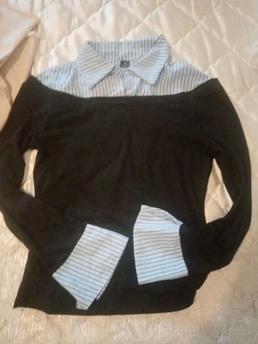 Customer photo review of Ninonine "Geneva" | Layered Two-Tone Polo Knit Top