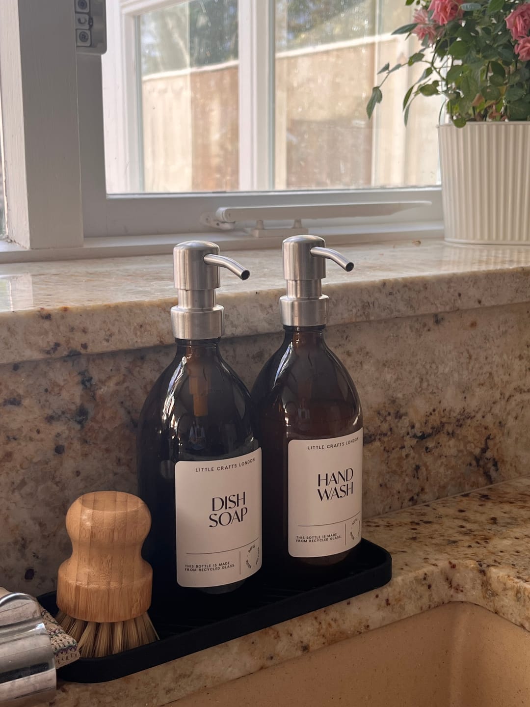 Customer photo review of 500ml Amber Glass Bottle with Metal Pump White Label