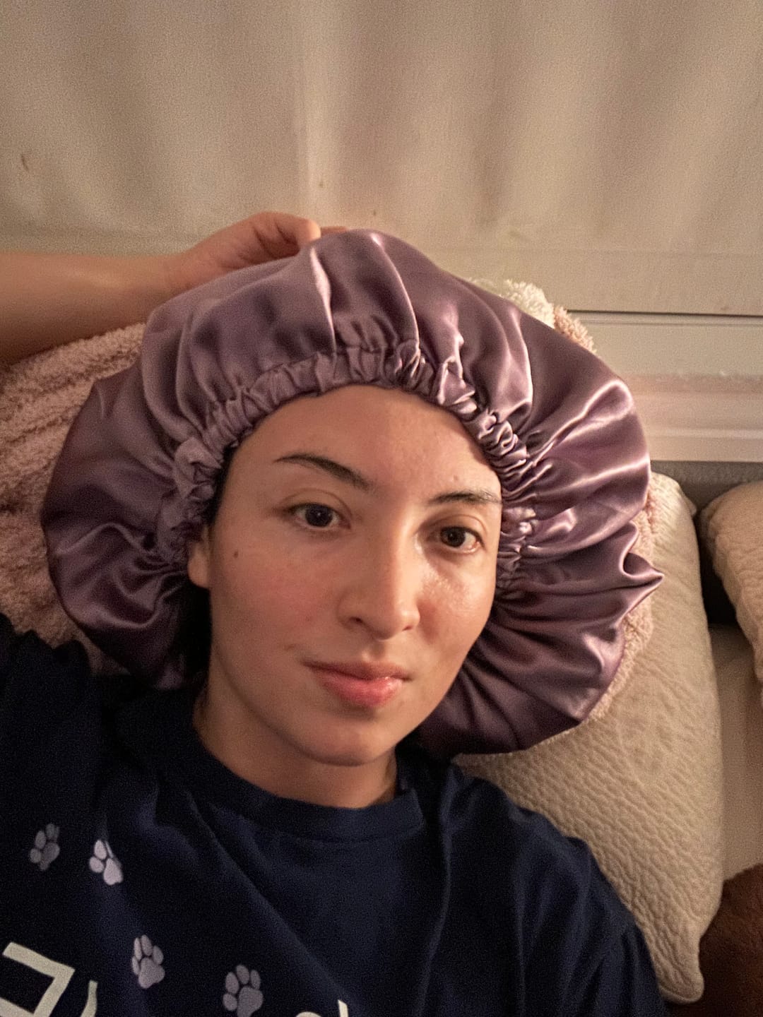 Customer photo review of Dusty Lavender Reversible Satin Bonnet