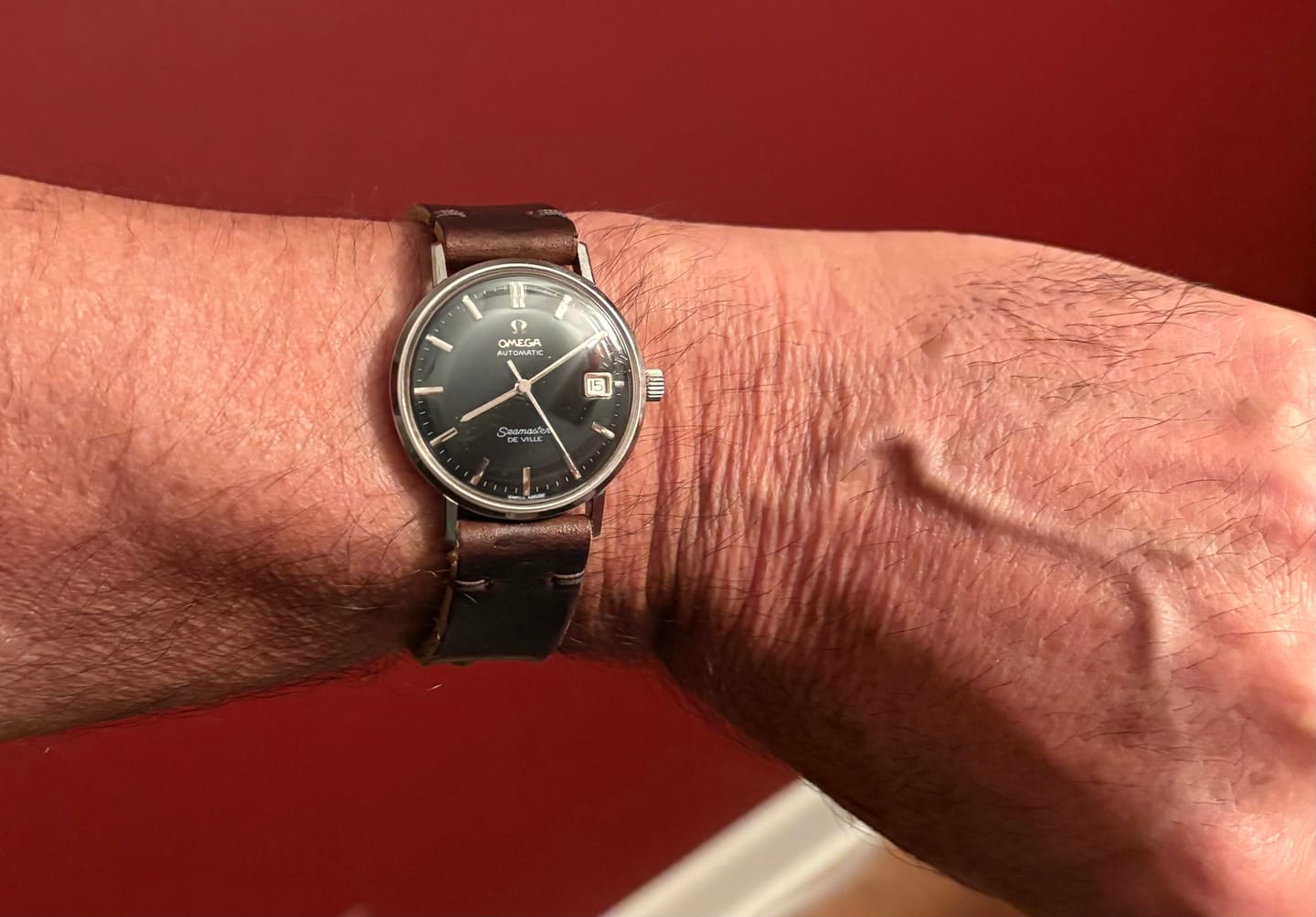 Customer photo review of Horween Brown Nut Dublin Leather Watch Strap, Dark Brown Thread
