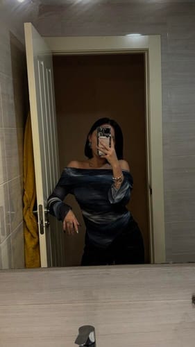 Customer photo review of Ninonine "Lyra" | Abstract Midnight Off-Shoulder Asymmetrical Top