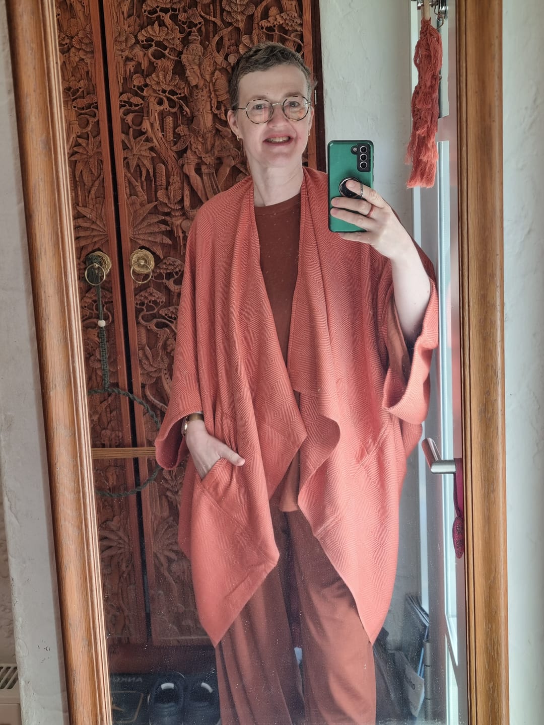 Customer photo review of NEW! JIVA Wool Silk Kimono Coral