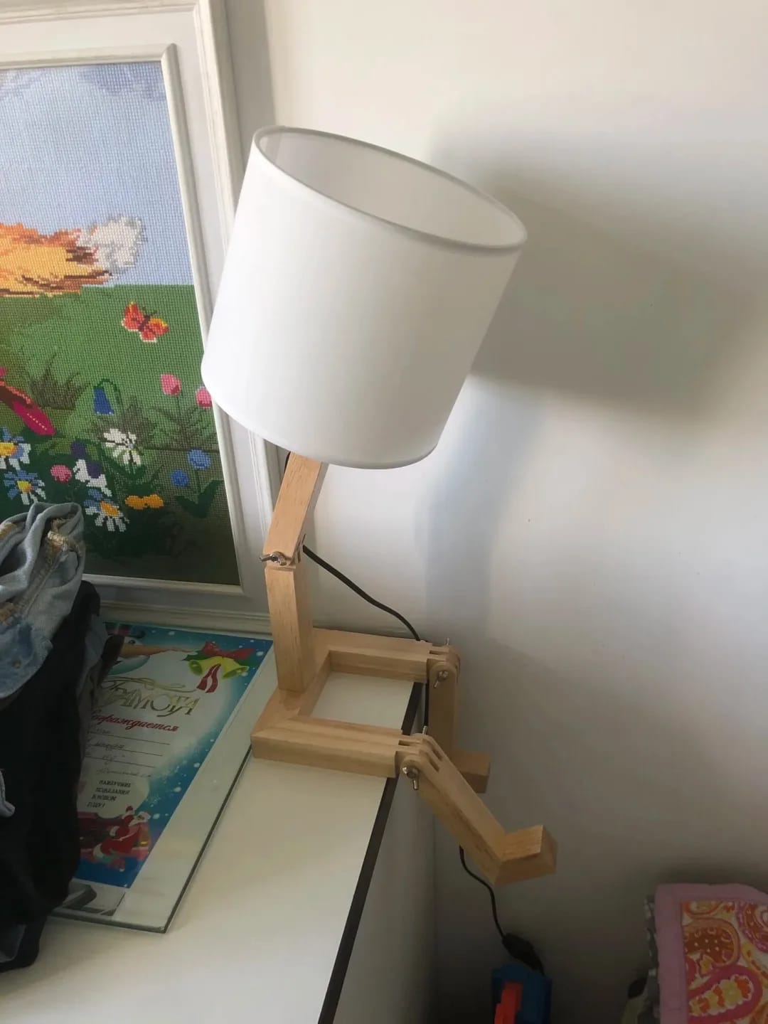 Customer photo review of Wooden Humanoid Table Lamp, Adjustable Wood Frame, Fabric Shade, 44 cm