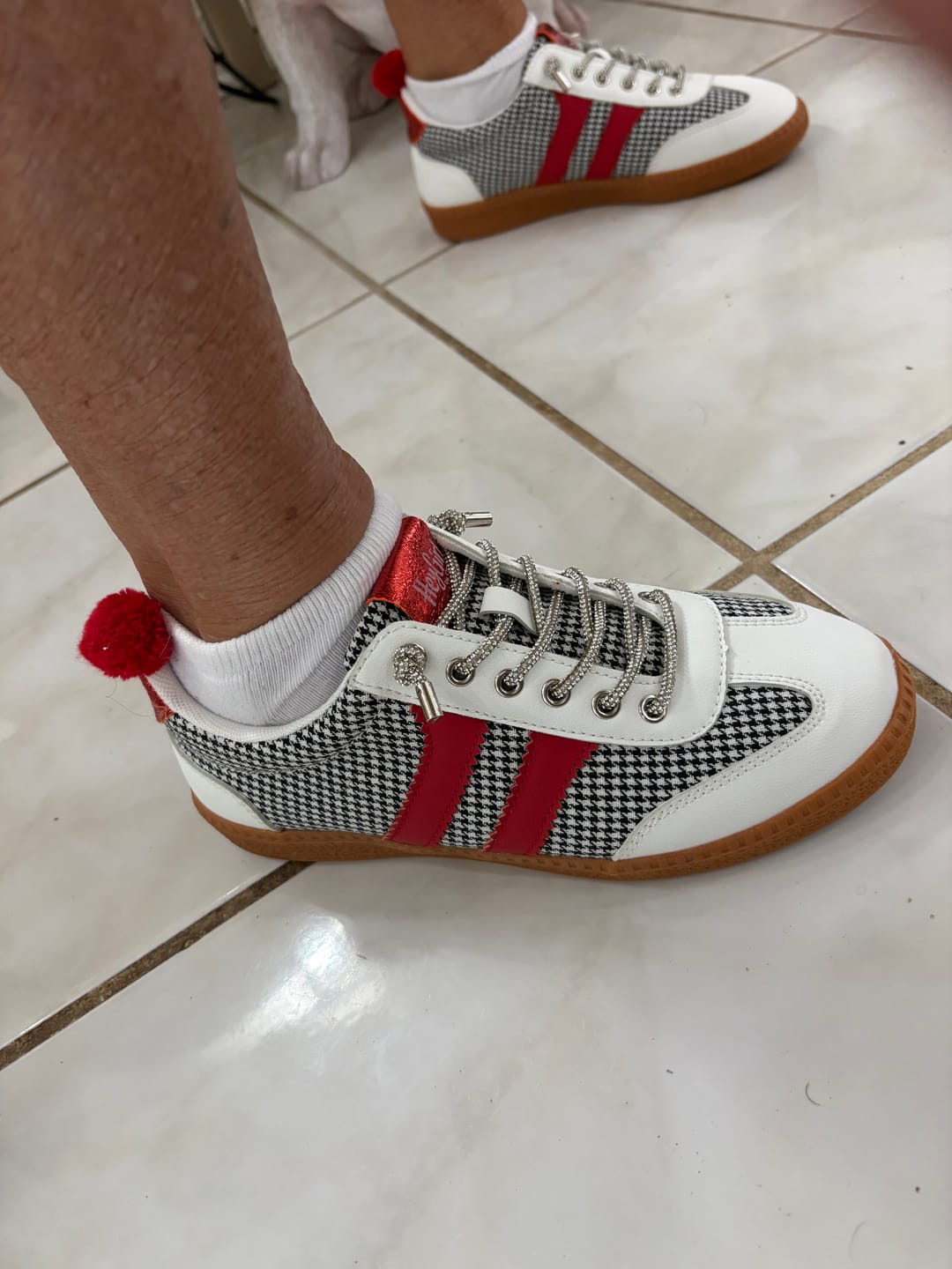 Customer photo review of Corky's Black White Houndstooth Heads Up Sneakers