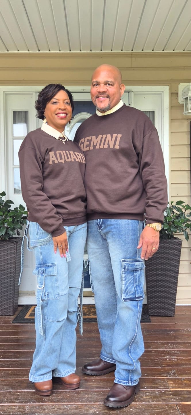 Customer photo review of Chocolate Zodiac Puff Print Crewneck