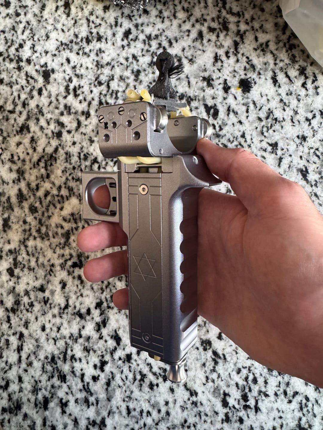 Customer photo review of V5 Semi Auto Slingshot with Dual Magazine 22 Round Capacity