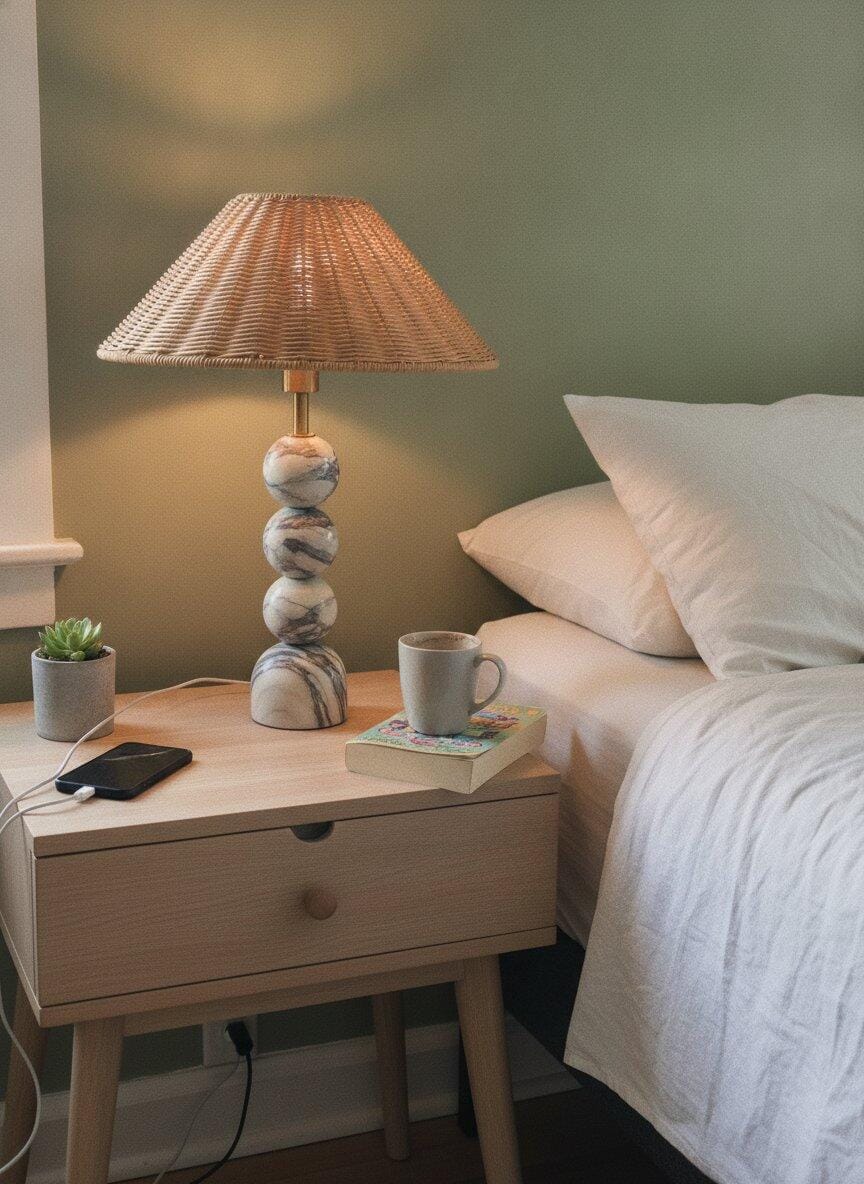 Customer photo review of Marble Table Lamp, Woven Rattan Shade, Stacked White Base