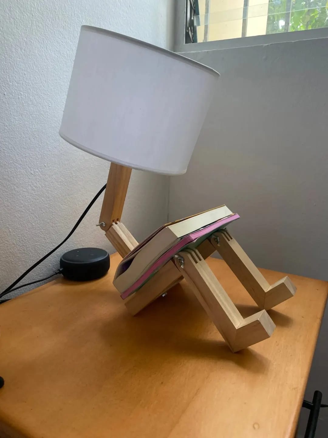 Customer photo review of Wooden Humanoid Table Lamp, Adjustable Wood Frame, Fabric Shade, 44 cm
