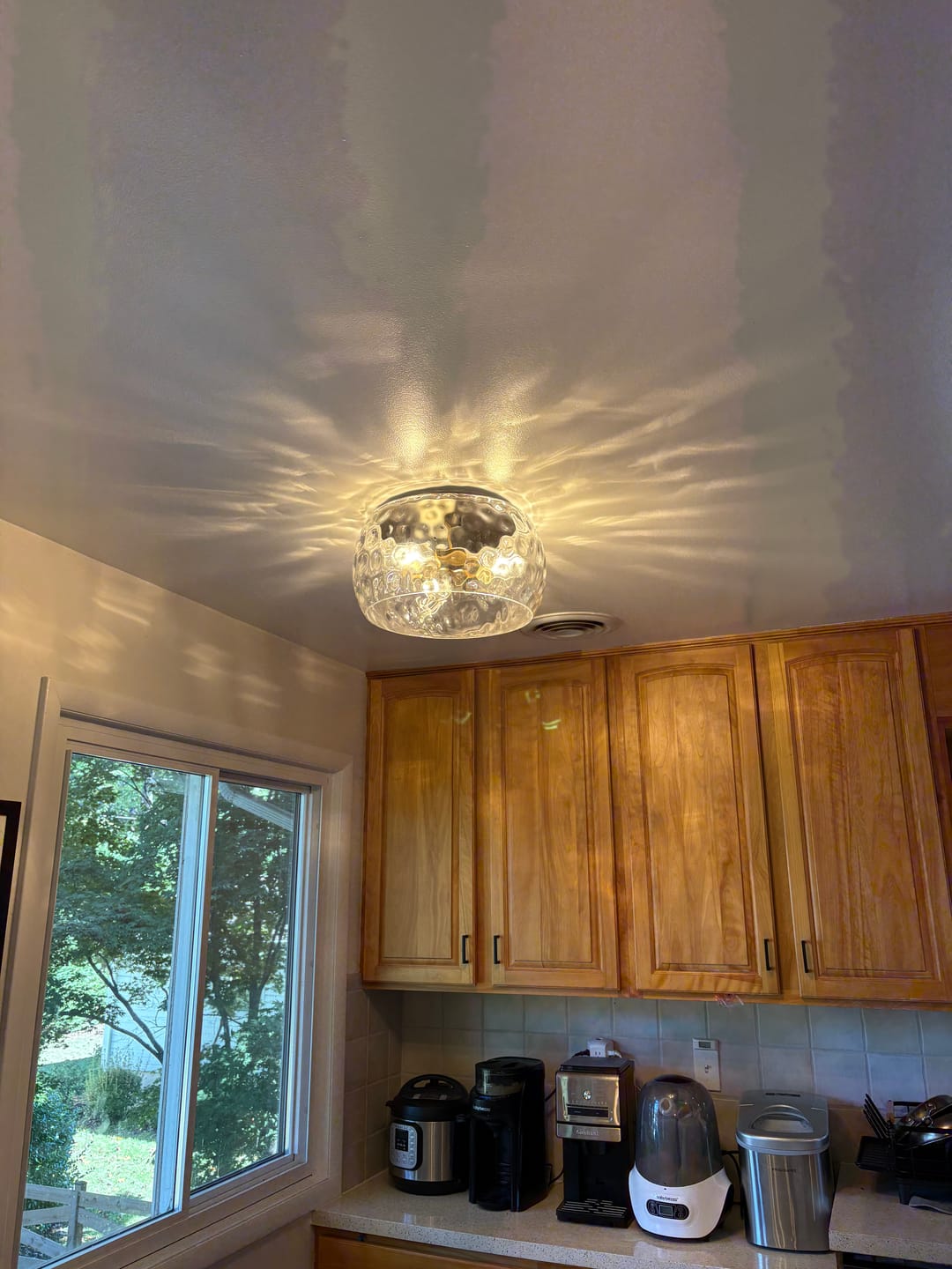 Customer photo review of 3-Light Wide Bowl Hammered Glass Round Flush Mount