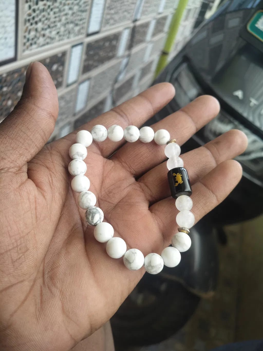 Customer photo review of Cancer (Karka Rashi) Zodiac Bracelet – Natural Howlite & Milky Quartz