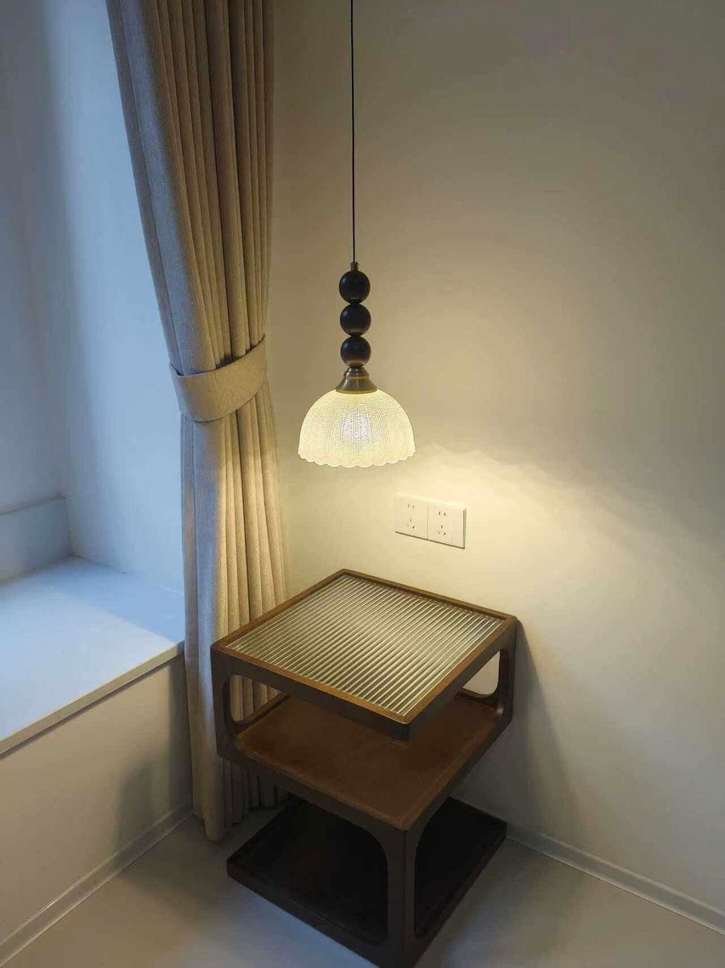 Customer photo review of Wood Bead Ceramic Pendant Light, Ribbed Shade, 20 cm