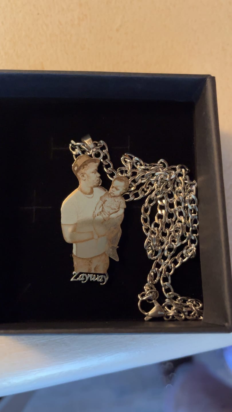 Customer photo review of Custom Photo Engraved Pendant Necklace