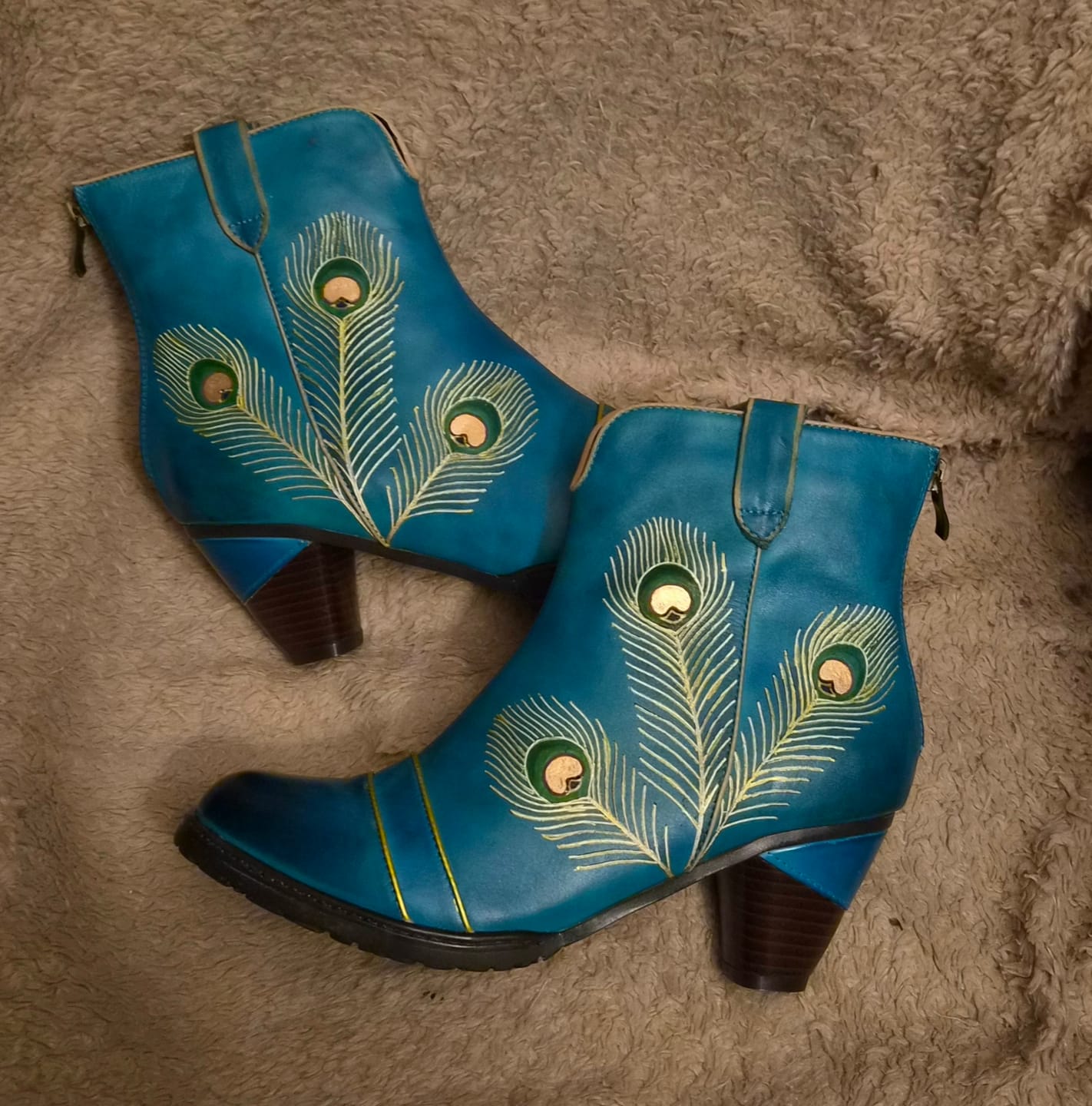 Customer photo review of Peacock-Inspired Leather Ankle Boots
