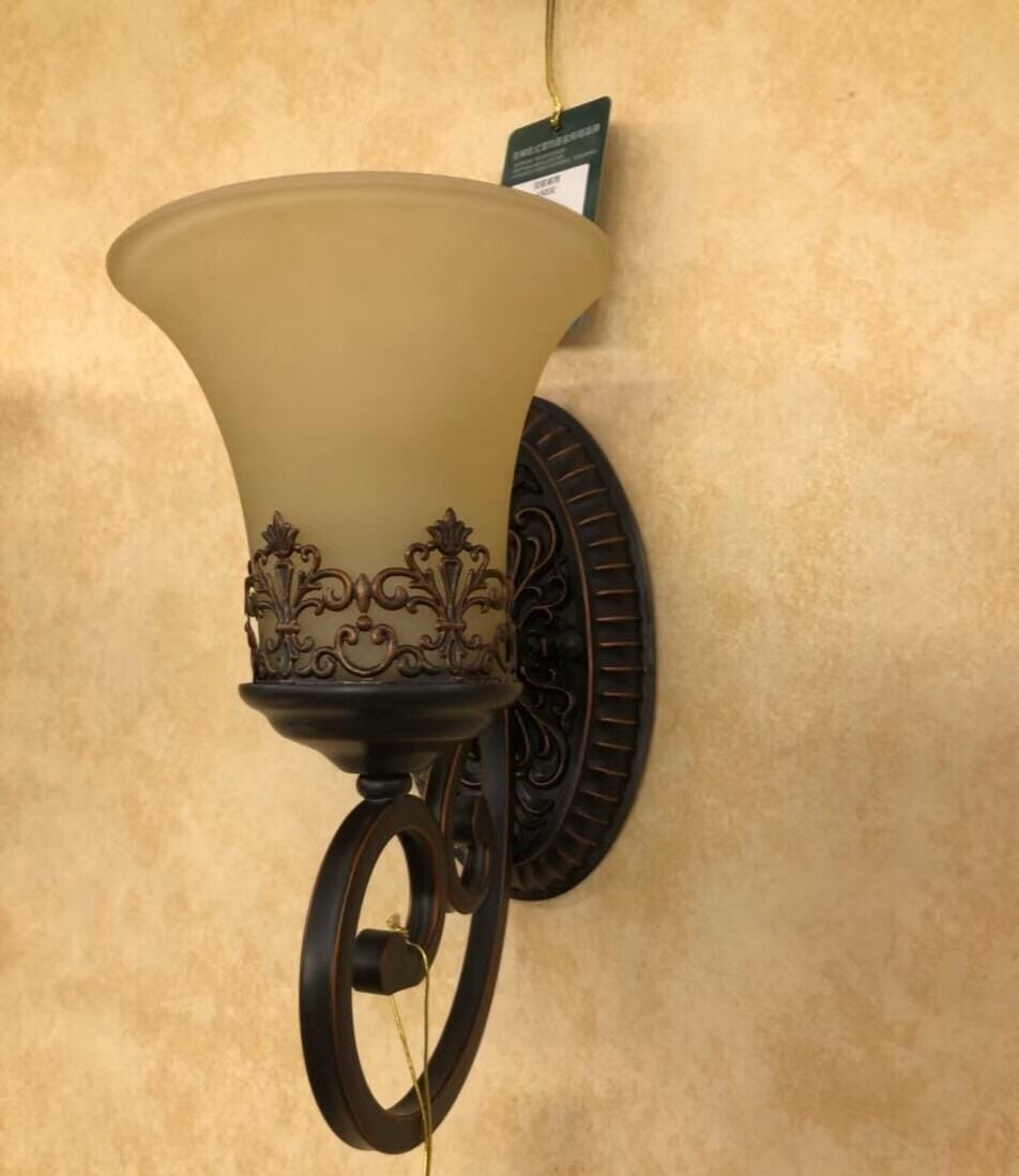 Customer photo review of Black Iron Wall Light, Two Arms, Glass Shades, Wall Sconce