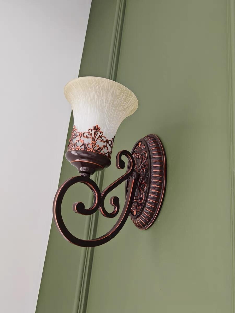 Customer photo review of Black Iron Wall Light, Two Arms, Glass Shades, Wall Sconce