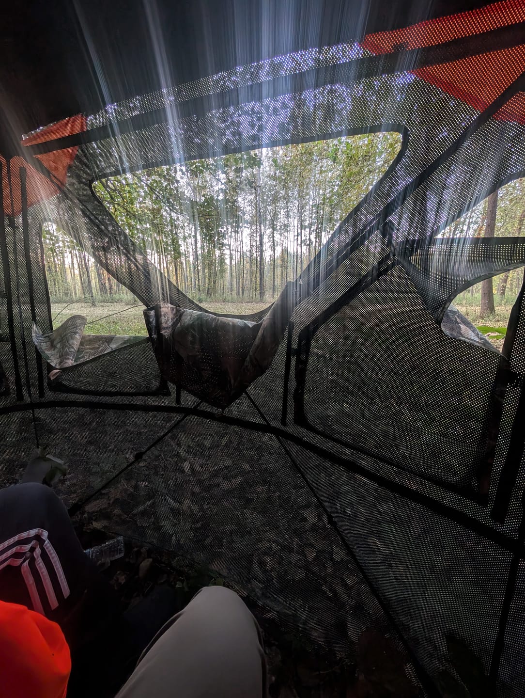 Customer photo review of Vis360 See Through Ground Blind | 360° Camouflage Pop Up Hunting Blind for 2/3/4 Person | Portable Deer Blind with Orange Cover