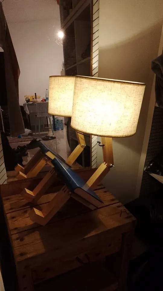 Customer photo review of Wooden Humanoid Table Lamp, Adjustable Wood Frame, Fabric Shade, 44 cm